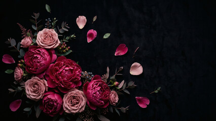 Elegant burgundy peonies and dusty pink roses on black velvet