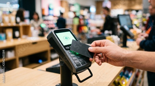 Customer making a secure contactless payment with a credit card at a retail store checkout terminal, showcasing modern efficient digital transaction technology