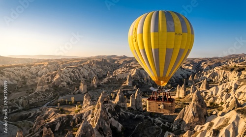 Hot air balloon flying over a unique rocky landscape at sunrise