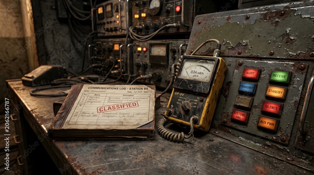 Fototapeta premium Dusty old control room with vintage electronic equipment and a logbook