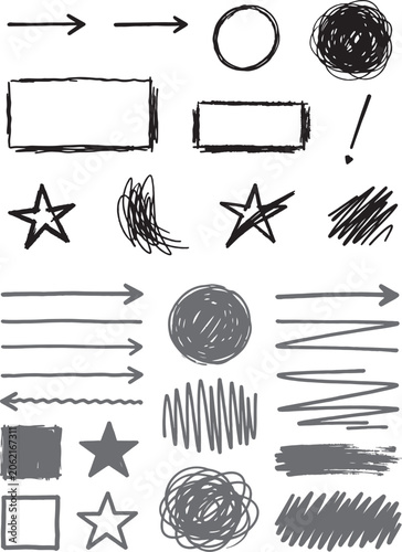 Hand drawn doodle elements vector set with arrows stars circles and scribbles for design highlights and annotations