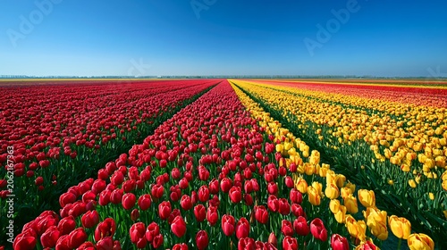 Vibrant Tulip Field in Red and Yellow Colors