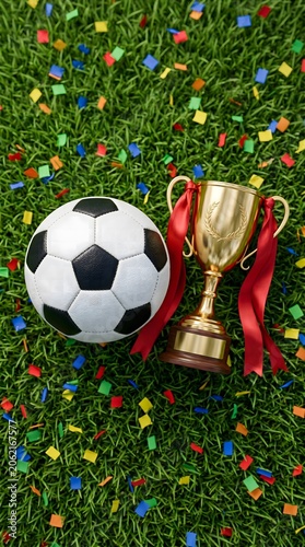 Vertical view of a soccer ball and gold trophy on a green field with confetti.