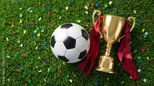 Soccer ball and golden trophy cup on green grass with colorful confetti.