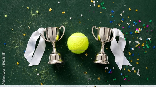 Tennis ball and silver trophies on a green court with confetti.
