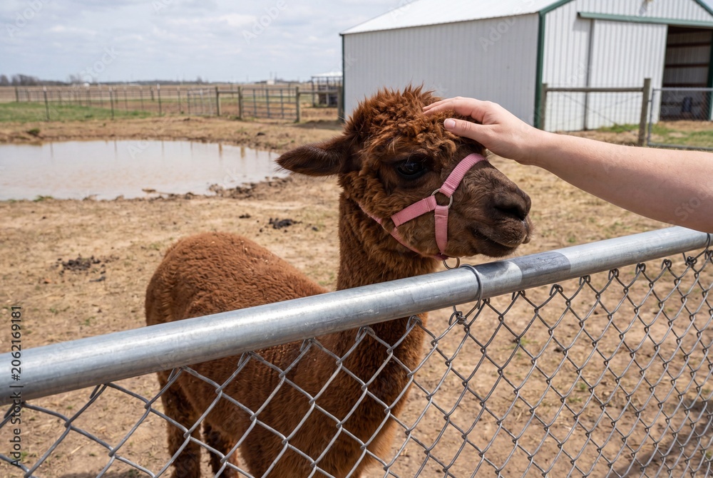 Fototapeta premium Person petting a brown alpaca over a chain link fence on a farm