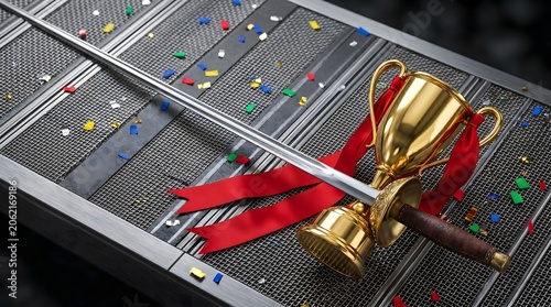 Fencing championship trophy and sword on competition strip with confetti