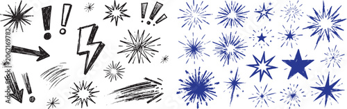 Hand drawn vector doodle set of comic book elements with starbursts arrows lightning bolts and exclamation marks in black and blue ink