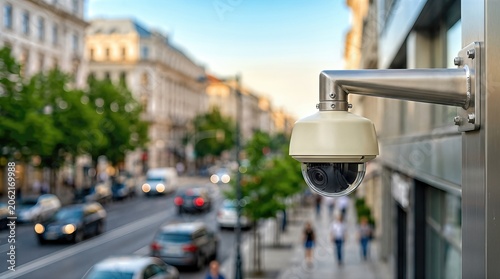 CCTV surveillance camera mounted on a building overlooking a busy city street with vehicles and pedestrians, showcasing urban life and security measures in action