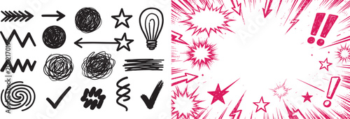 Hand drawn black doodle elements set and pink comic book style explosion background vector with speech bubbles and speed lines