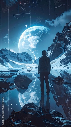A man stands on rocks, gazing at a large moon in a snowy mountain landscape