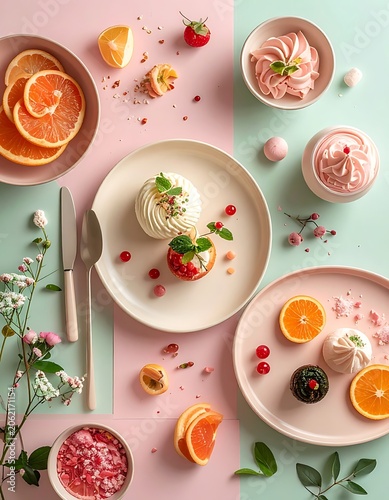 A pastel-colored table setting with desserts and fruits