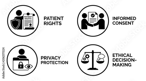 Medical ethics and patient rights icon set for healthcare administration