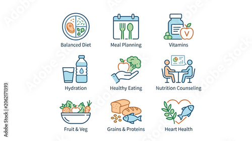 Healthy lifestyle and nutritional counseling nutrition icons collection