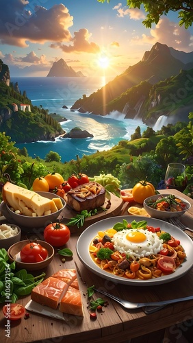 A serene coastal scene with a table full of food
