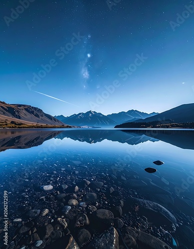 A serene mountain lake under a starry night sky with reflection