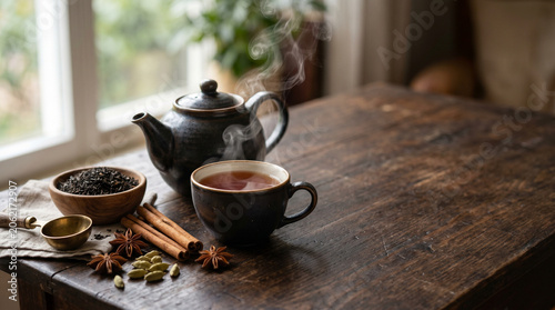 Steaming hot black tea in a ceramic cup with a matching teapot, loose tea leaves, cinnamon, and star anise on a rustic wooden table by the window