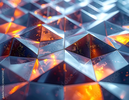 A shiny, 3D geometric pattern of triangles with orange and blue reflections
