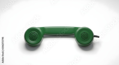 A vintage green telephone receiver with a cord resting horizontally on a clean white background, viewed from above.