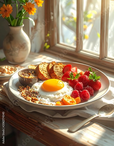 A sunny breakfast scene by the window with food and flowers