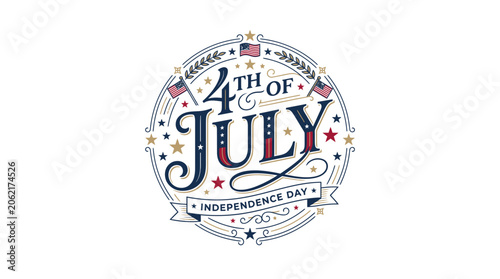 Vintage circular 4th of July Independence Day emblem design.