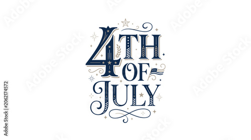 Vintage serif 4th of July text with decorative flourishes.