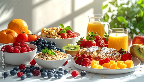 A vibrant still life of fresh fruits and breakfast foods on a table