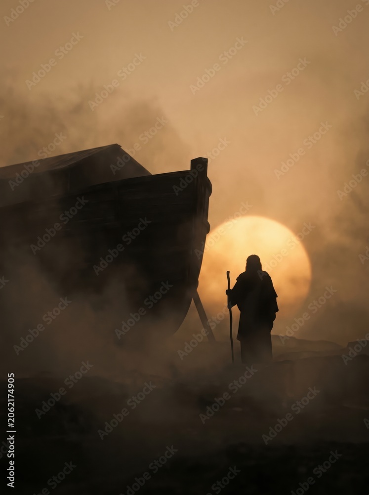 Fototapeta premium Noah stands beside the massive ark in heavy fog while a glowing sun sets behind his silhouette creating warm monochromatic light and deep cinematic atmosphere