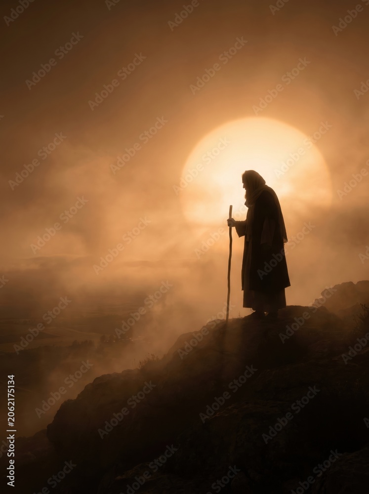 Fototapeta premium A dark silhouette of Abraham looking toward the promised land with a massive glowing sun behind him low on the horizon in thick atmospheric fog