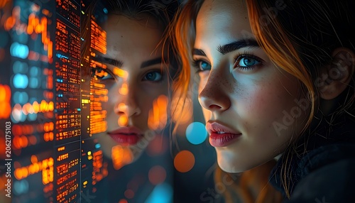 A woman with orange hair and a futuristic background