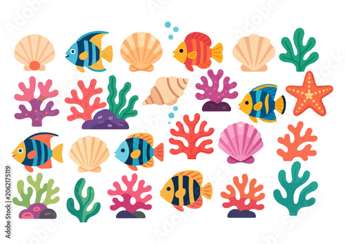 Ocean life clip art collection with starfish, shells, coral, and fish, colorful tropical
