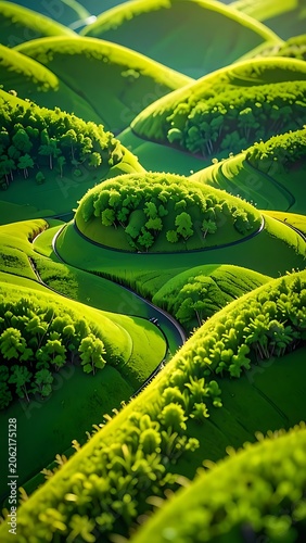 Aerial view of lush green hills and trees with winding road