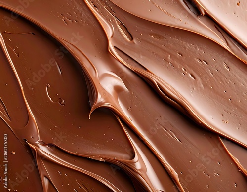 Melted chocolate with smooth, glossy surface and irregular flow patterns