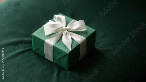 Elegant gift box with white ribbon on dark background