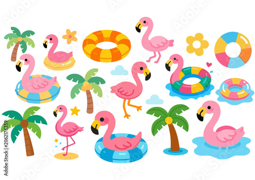 Cute flamingo and beach float clip art set, playful summer