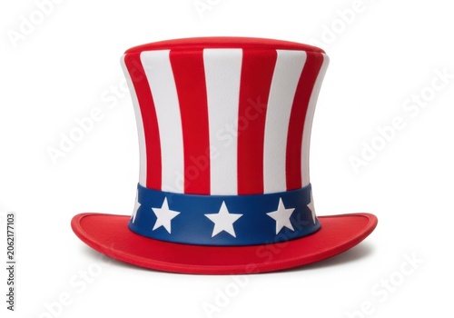 Red white and blue uncle sam top hat with stars on white background isolated on white background