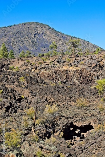 A barren landscape at the Bonito Lava Flow at Sunset Crater Volcano National Monument, Flagstaff, Arizona. Pine trees are on the top of the hill, and a mountain is in the background.
