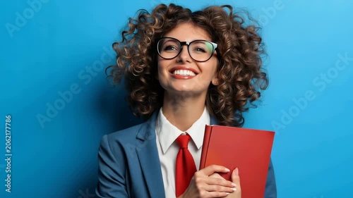 Young woman smiles while holding a book in front of a blue background during a creative photo session