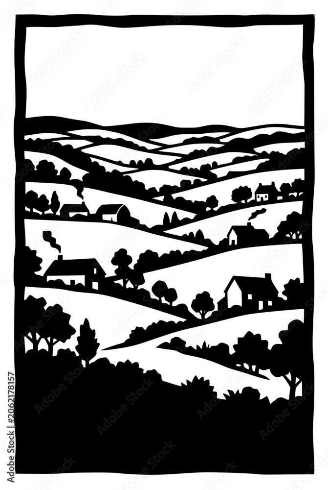 Obraz premium Black and white linocut style countryside landscape with rolling hills and cottages