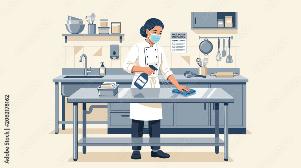 Fototapeta premium Professional Kitchen Worker Wearing A Sanitary Face Mask Cleaning And Sanitizing A Stainless Steel Prep Table In A Restaurant