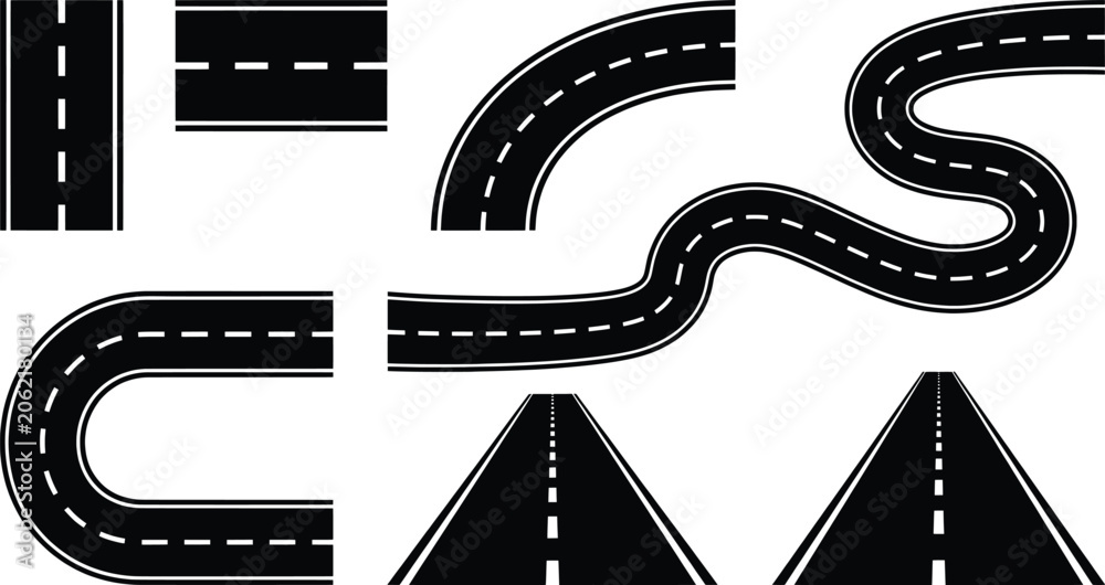 Fototapeta premium Asphalt road segments with white dashed lines in straight and curved patterns during daylight