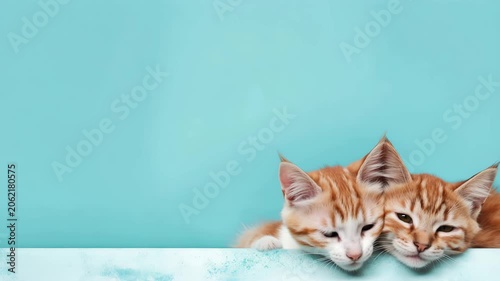 Two orange kittens play and rest on a light blue background in a bright indoor setting during the afternoon