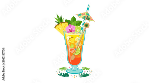 Valokuva Tropical tiki cocktail with pineapple mint and orchid flower garnish