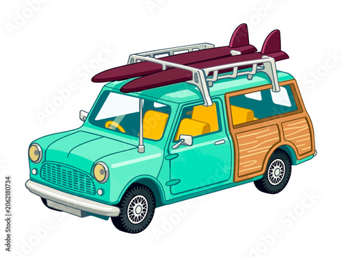 Canvastavla A vintage turquoise woody wagon with wooden side panels and surfboards on the roof rack, isolated on a white background