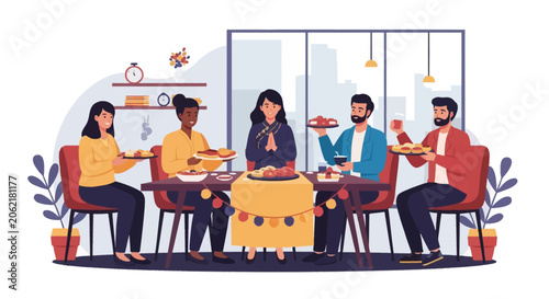 Modern flat vector illustration of a diverse group of five friends sharing a festive meal around a table featuring various traditional dishes, desserts, and city skyline view.