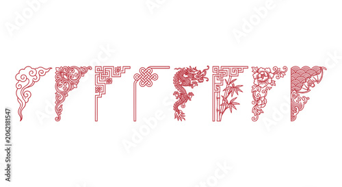Photos Traditional Chinese corner borders set, red oriental frame ornaments with dragon