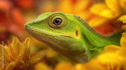 Vivid close up captures a small reptile nestled among bright yellow blossoms