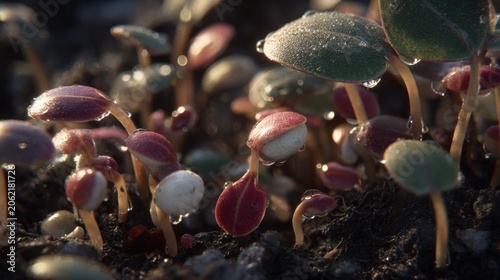 Tiny new plant seedlings emerge from dark soil covered with glistening water droplets