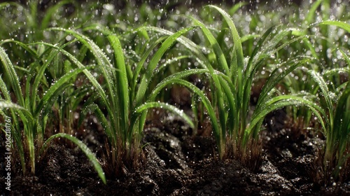 Fresh green sprouts receive life-giving water droplets in dark soil