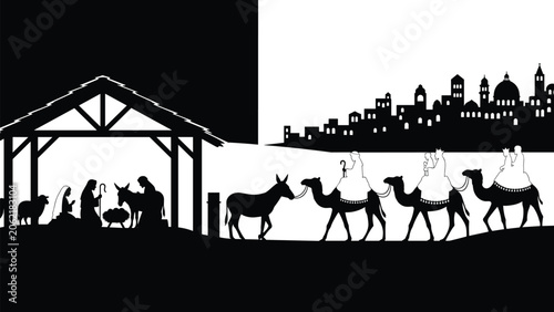 Canvas-taulu Nativity scene silhouette, Christmas illustration, holy family, Bethlehem citysc